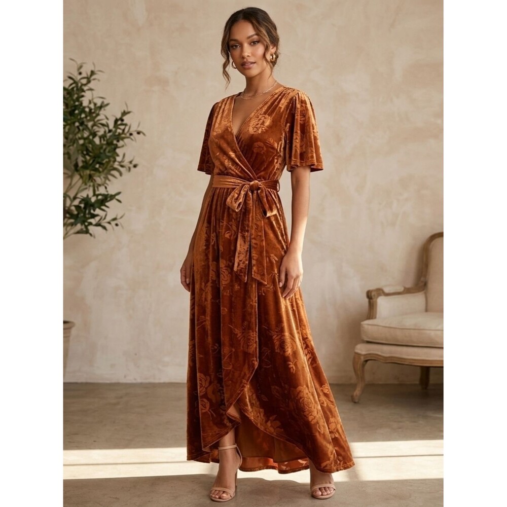Simplee Apparel Burnt Orange Floral Velvet Wrap Maxi Dress